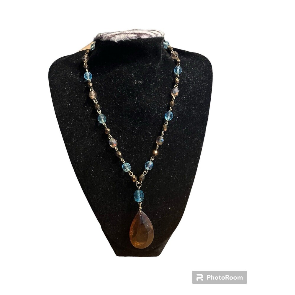 Cookie Lee Necklace Brown Pendant Blue Bead Chain 18” Plus Extender
